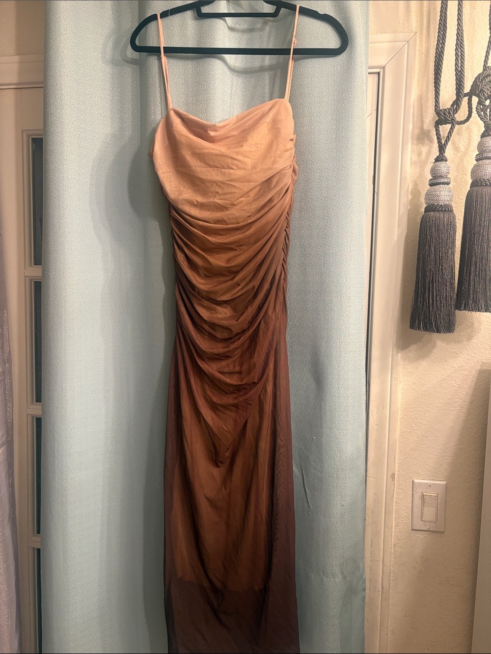Mikasa Ombre Ruched Strapless Slip Dress in Peach to Brown